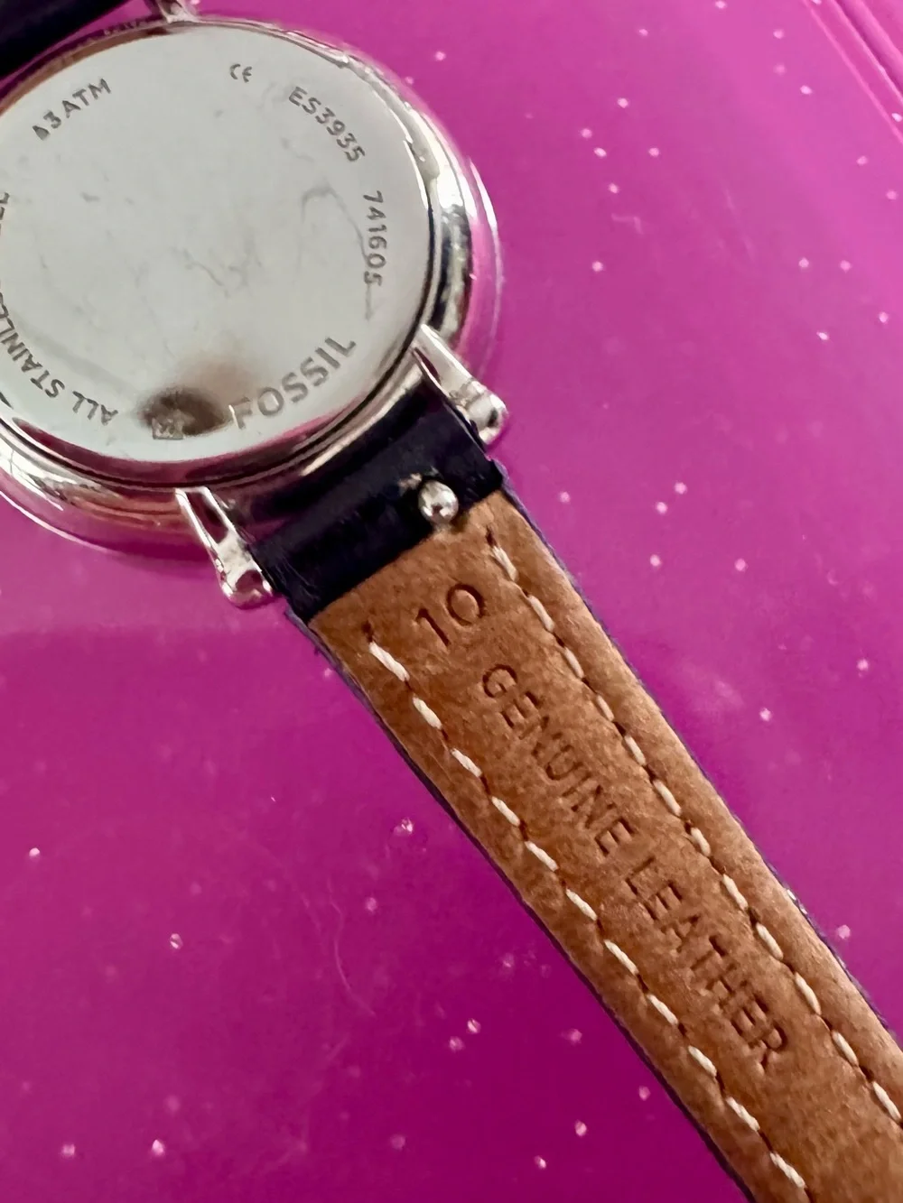 Fossil Women's Silver-Tone Case White Dial Black Leather Strap Watch